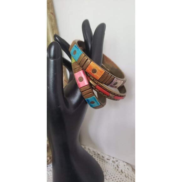 Three Colourful Resin Brass Bangles Vintage Jewelry Accents Colourful - Picture 5 of 10